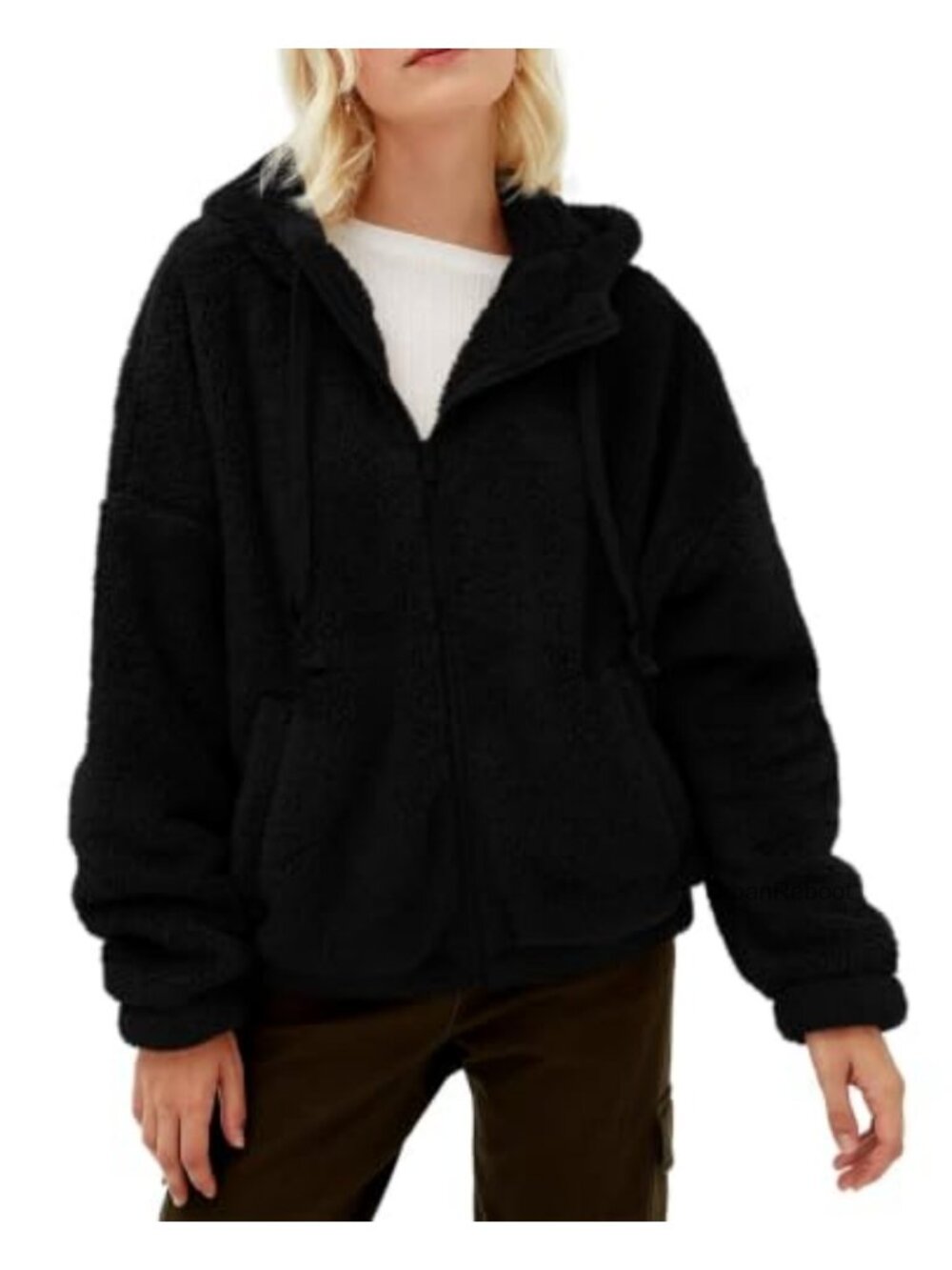 Fuzzy Sherpa Fleece Full Zip Hooded Jacket Warm Loose Fit Winter Outerwear